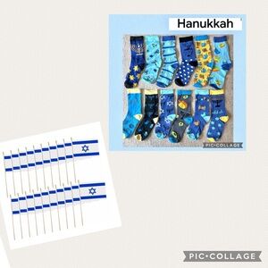 HANUKKAH BUNDLE THEME SOCKS 12 PAIR - 12 DESIGNS AND 20 PACK ISRAEL FLAGS